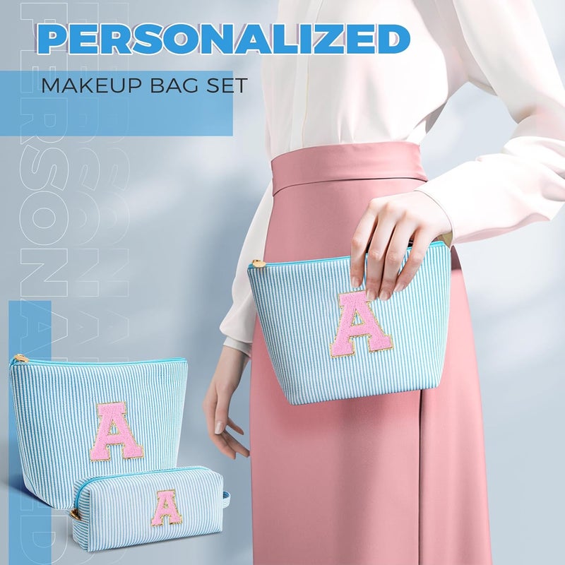 Btffitting Makeup Bag Set Initials Cosmetic Bag,Gifts for 10 11 12 13 14 15 16 17 18 Years Old Girl Girlfriend Teen Girls Gift Trendy Stuff Personalized Toiletry Bag Travel - Blue,A - Image 3